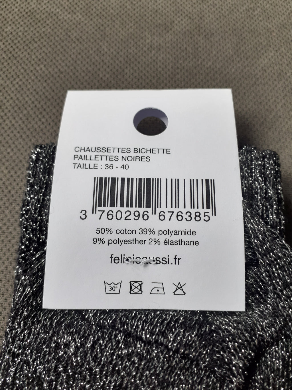 Félicie Aussi chaussettes à paillettes bichette noire étiquette