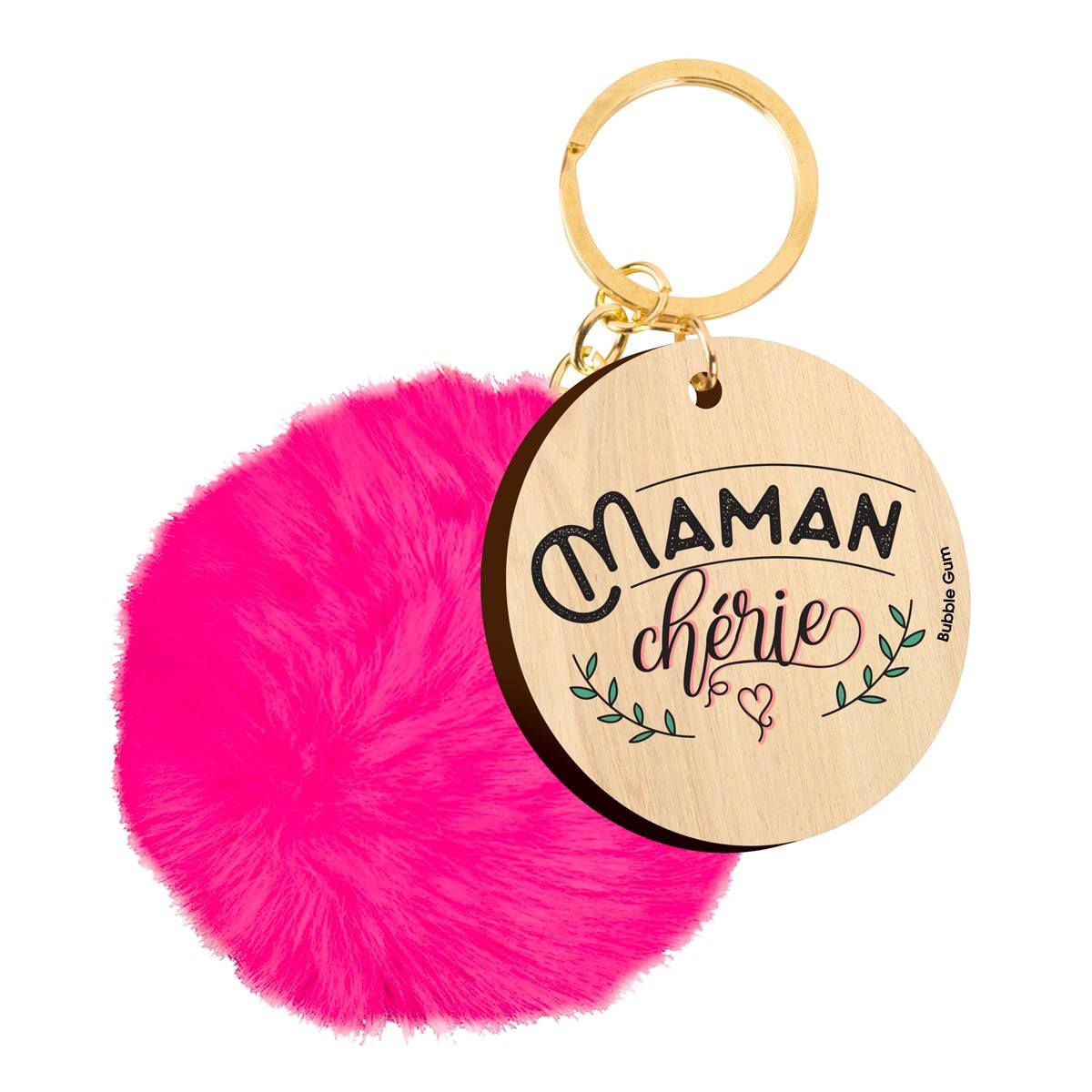 Porte-clés bois avec pompon - Maman Chérie
