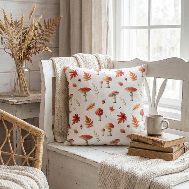 Clayre & Eef Coussin 45x45cm champignons & feuilles PM
