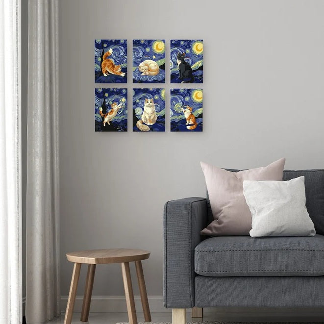 Peinture par numéros - Mini Série 15x20cm (6 pièces) - Chat Nuit Étoilée
