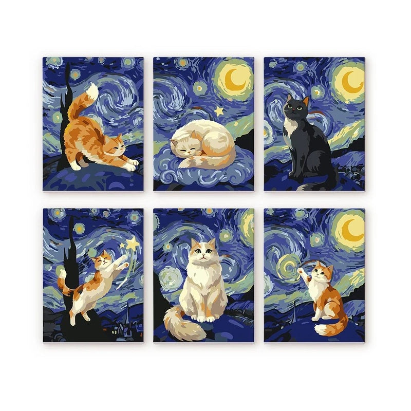Peinture par numéros - Mini Série 15x20cm (6 pièces) - Chat Nuit Étoilée