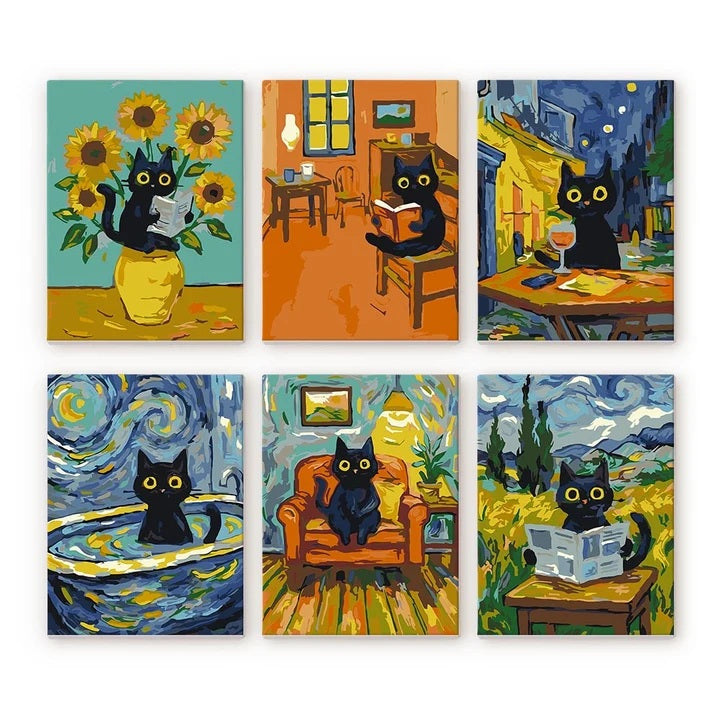 Peinture par numéros - Mini Série 15x20cm (6 pièces) - Chat Style Van Gogh