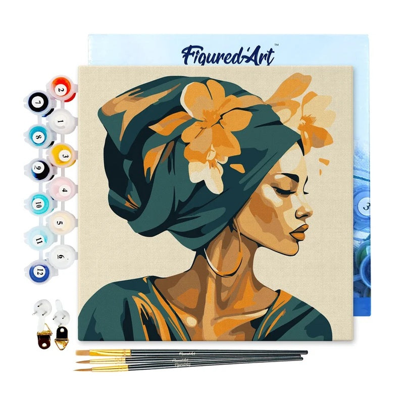 Peinture par numéros - Châssis 20x20cm - Femme Turban Floral