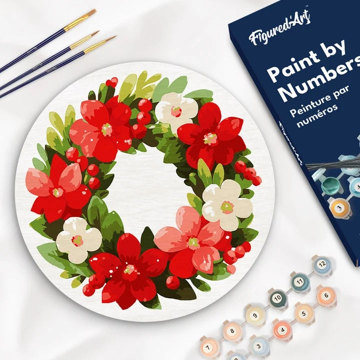 Peinture par numéros - Disque en bois 30cm - Couronne de Noël Florale