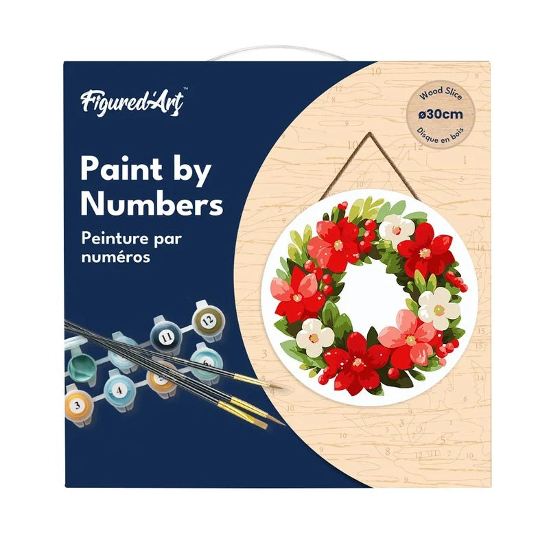 Peinture par numéros - Disque en bois 30cm - Couronne de Noël Florale