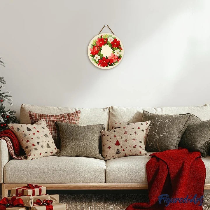 Peinture par numéros - Disque en bois 30cm - Couronne de Noël Florale
