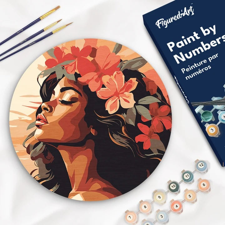 Peinture par numéros - Disque en bois 30cm - Femme Florale