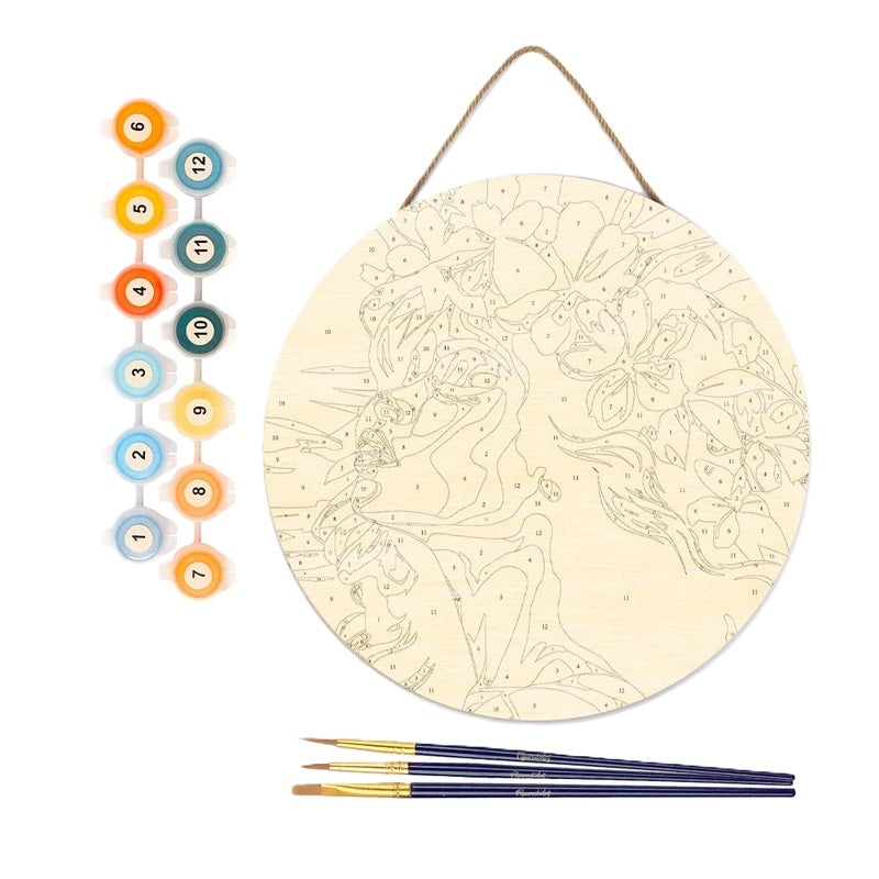 Peinture par numéros - Disque en bois 30cm - Femme Florale