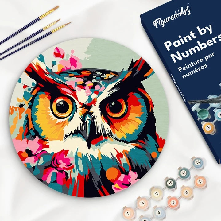 Peinture par numéros - Disque en bois 30cm - Hibou Fantaisie & Fleurs