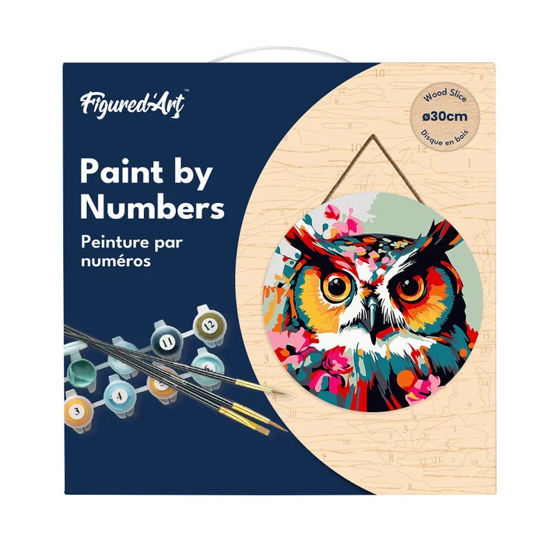 Peinture par numéros - Disque en bois 30cm - Hibou Fantaisie & Fleurs