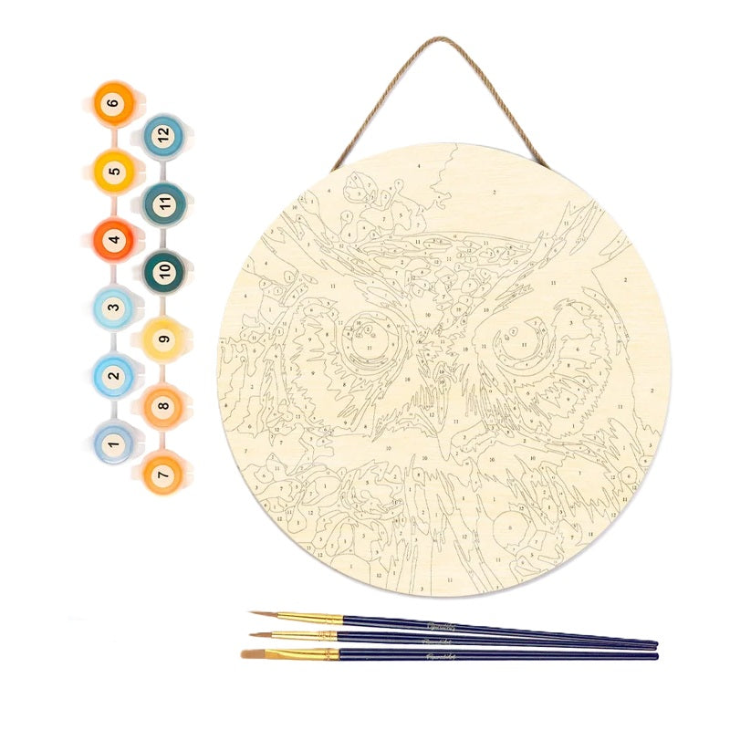Peinture par numéros - Disque en bois 30cm - Hibou Fantaisie & Fleurs