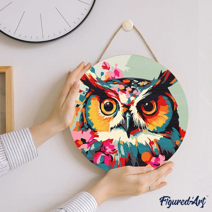 Peinture par numéros - Disque en bois 30cm - Hibou Fantaisie & Fleurs
