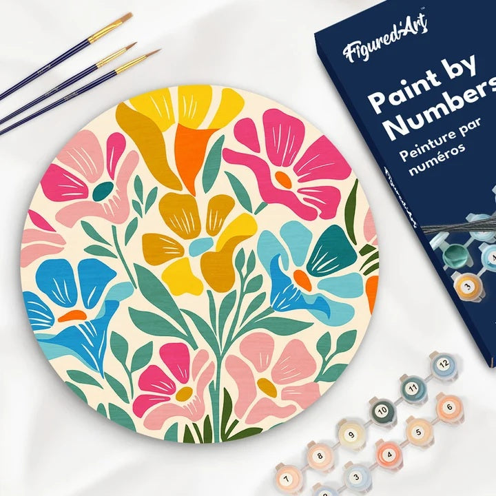Peinture par numéros - Disque en bois 30cm - Motif Floral Coloré