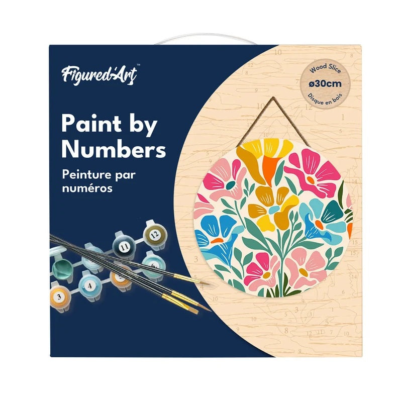 Peinture par numéros - Disque en bois 30cm - Motif Floral Coloré