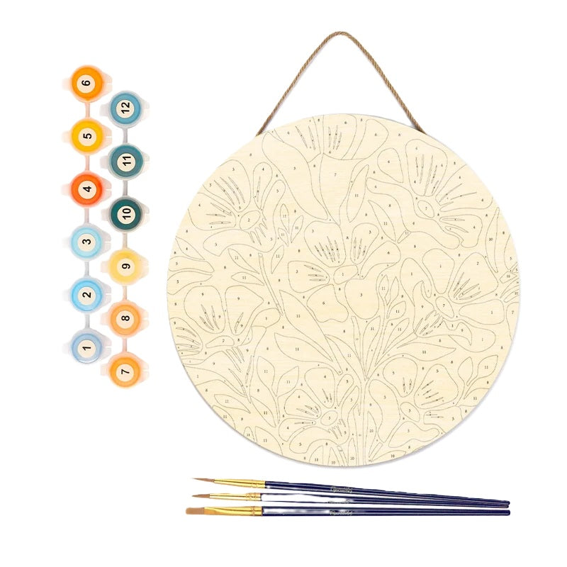 Peinture par numéros - Disque en bois 30cm - Motif Floral Coloré