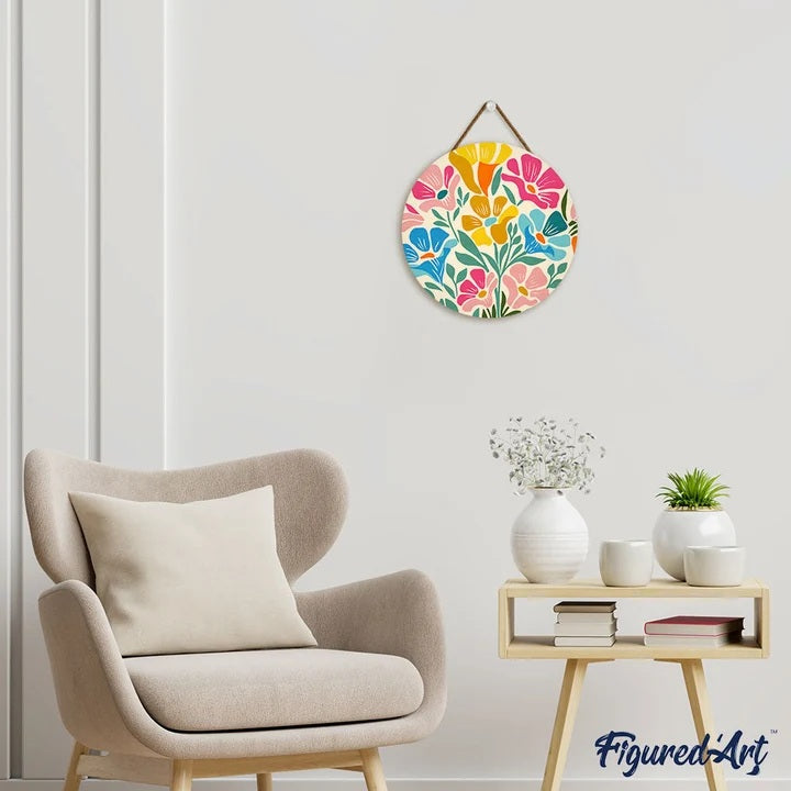 Peinture par numéros - Disque en bois 30cm - Motif Floral Coloré