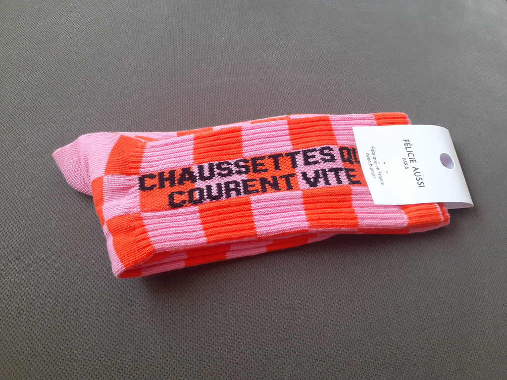 Félicie Aussi - Chaussettes - Courent Vite - damier rose orange 36/40