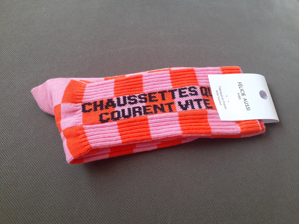 Félicie Aussi - Chaussettes - Courent Vite - damier rose orange 36/40