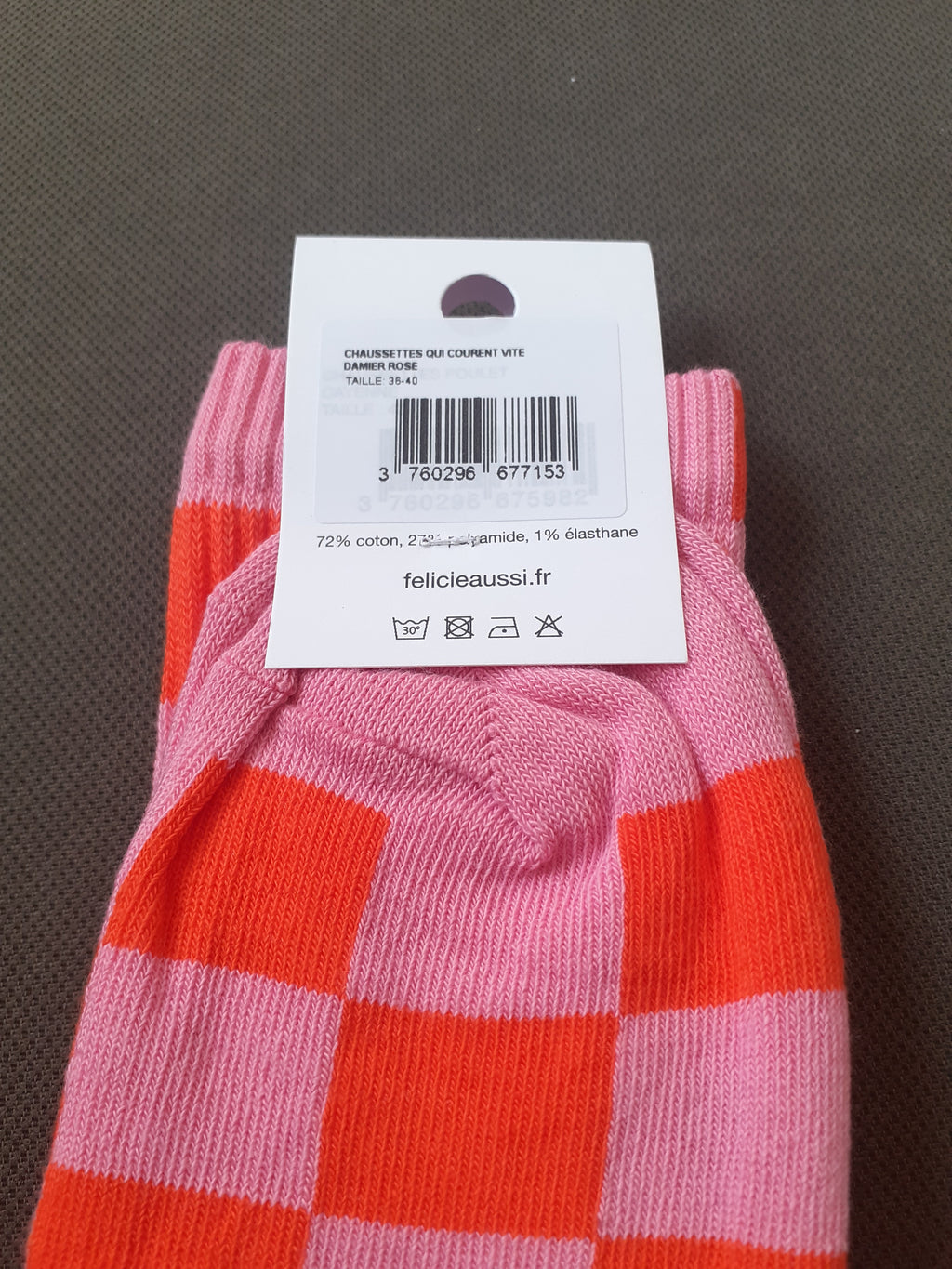 Félicie Aussi - Chaussettes - Courent Vite - damier rose orange 36/40