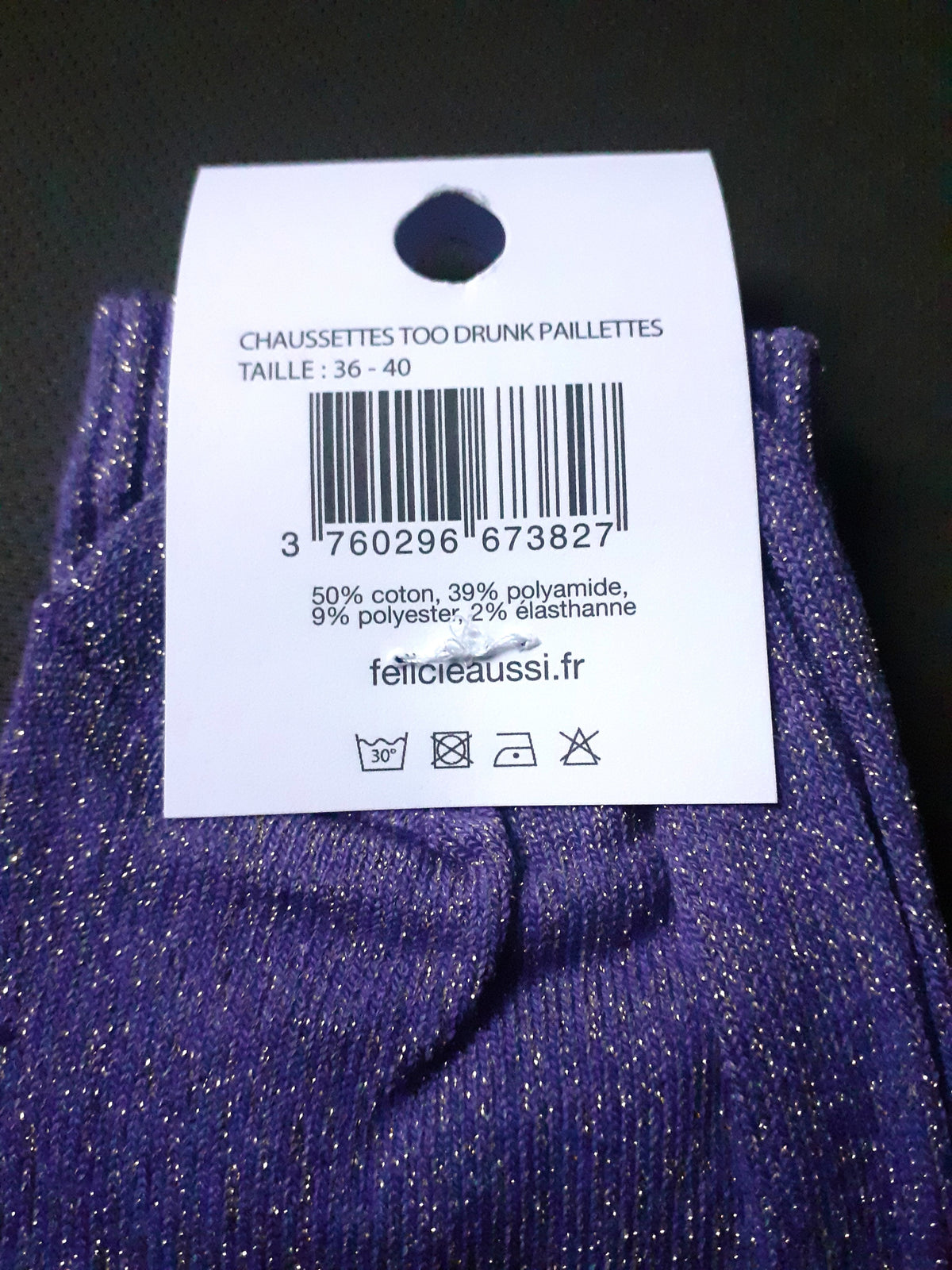 Félicie Aussi chaussettes à paillettes Too Drunk To Work violet 36/40 composition