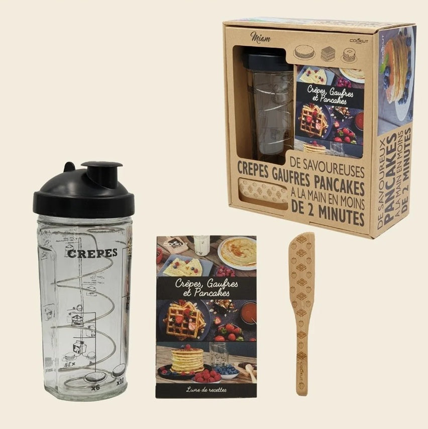 Cookut Coffret Shaker crêpes, pancakes et gaufres avec spatule et livret de recettes