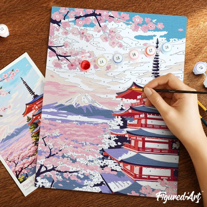 Peinture par numéros - Coffret Panneau toilé 24,5x32,5cm - Pagode du Mont Fuji