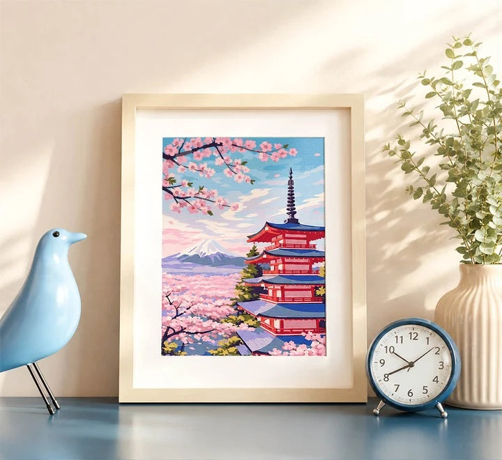 Peinture par numéros - Coffret Panneau toilé 24,5x32,5cm - Pagode du Mont Fuji