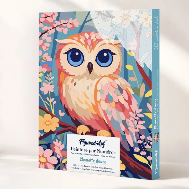Peinture par numéros - Coffret Panneau toilé 24,5x32,5cm - Chouette Douce