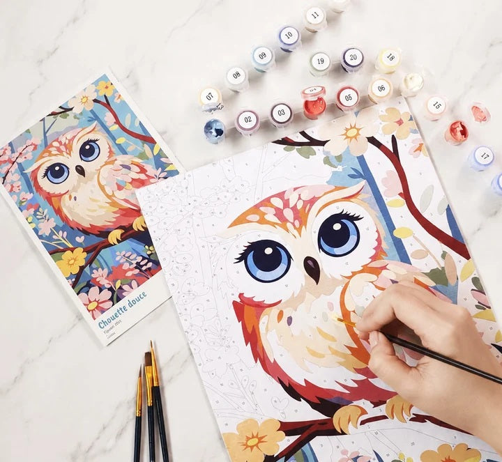 Peinture par numéros - Coffret Panneau toilé 24,5x32,5cm - Chouette Douce