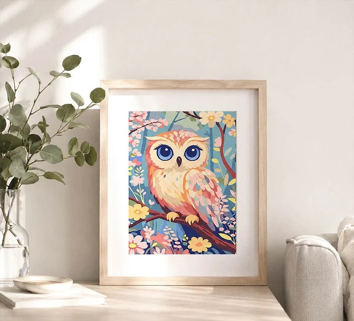 Peinture par numéros - Coffret Panneau toilé 24,5x32,5cm - Chouette Douce