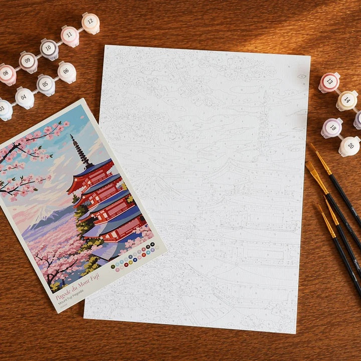 Peinture par numéros - Coffret Panneau toilé 24,5x32,5cm - Pagode du Mont Fuji