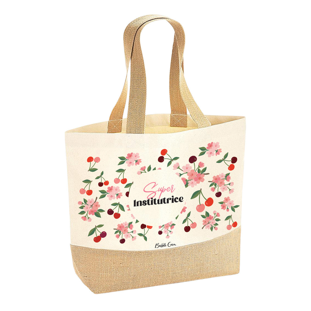Sac Coton/Jute - Super Institutrice (cerises)