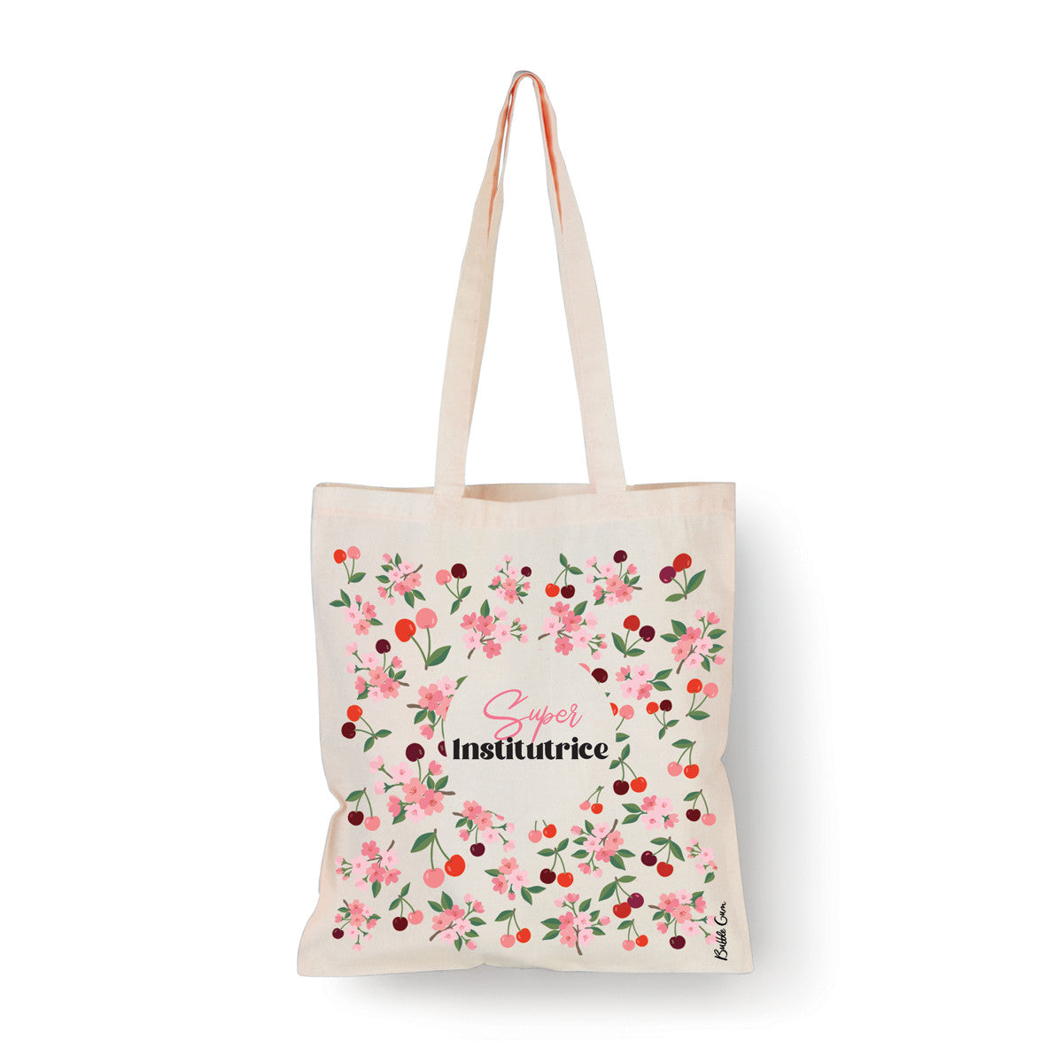 Tote bag naturel - Super Institutrice (cerises)
